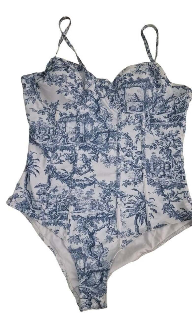 Cider Chinoiserie Print One-Piece Swimsuit Size XL Blue Toile